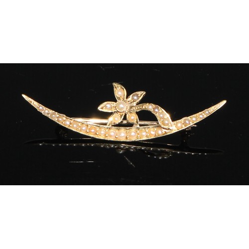 109 - A 14ct gold flower and crescent bar brooch, set with seed pearls, 4.5cm wide; a 9ct gold and amethys... 