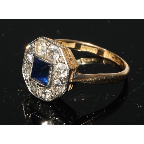 250 - An Art Deco octagonal sapphire and diamond cluster, the central square cushion cut sapphire within n... 