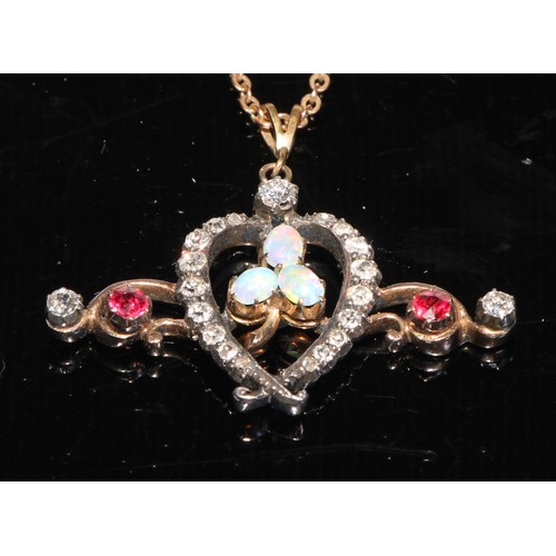 104 - A 19thC diamond and opal set pendant, centered with a three leafed clover within a heart