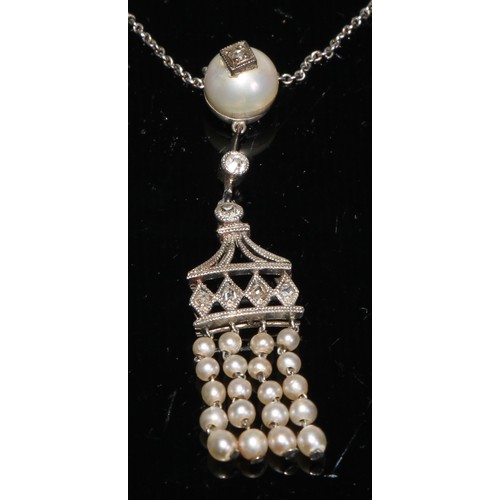 249 - An Art Deco style diamond and seed pearl fringe pendant, with single larger pearl, seven old cut dia... 