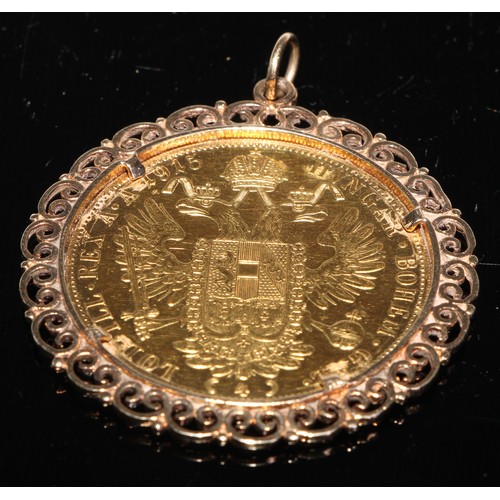 271 - A Hungarian 4 Ducat restrike gold coin, mounted as a pendant, 9ct gold mount, 24.1g gross

NB All 19... 