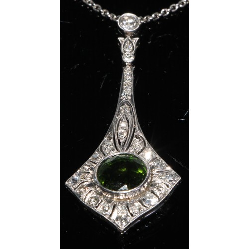 248 - An Art Deco style diamond and green stone pendant necklace, central round cut deep green garnet coll... 