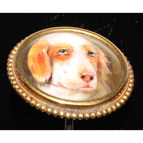 126 - A 19th century enamel canine portrait stickpin, signed W Essex, dated 1861, after J C Bell, Cocker S... 