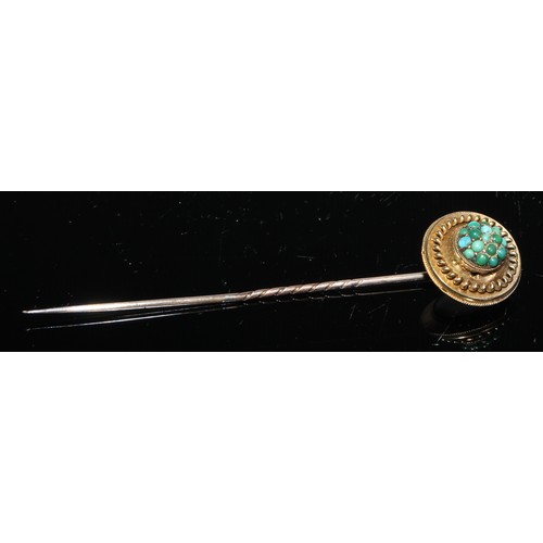 133 - A 19th century turquoise yellow metal stick pin, bulbous top; others, claws, cross, shield boss etc,... 