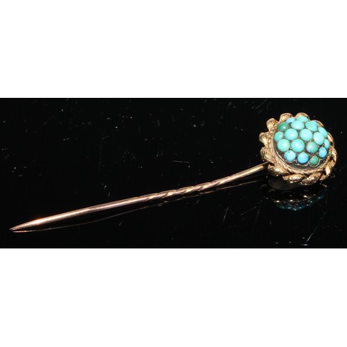 133 - A 19th century turquoise yellow metal stick pin, bulbous top; others, claws, cross, shield boss etc,... 