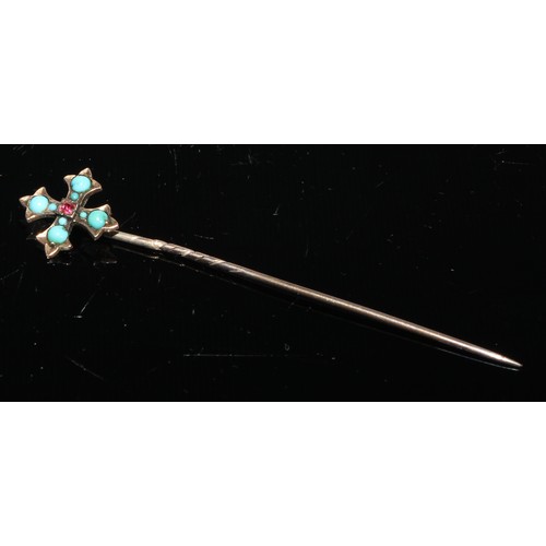 133 - A 19th century turquoise yellow metal stick pin, bulbous top; others, claws, cross, shield boss etc,... 