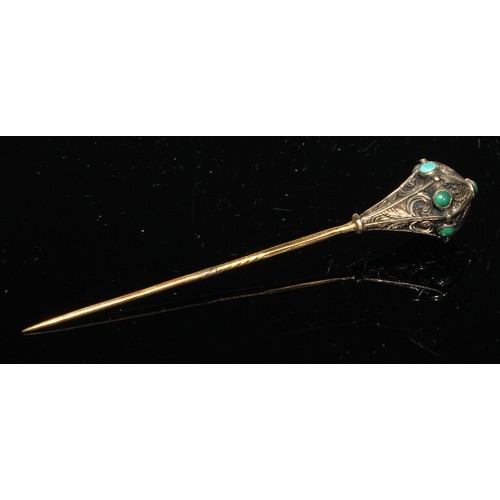 133 - A 19th century turquoise yellow metal stick pin, bulbous top; others, claws, cross, shield boss etc,... 