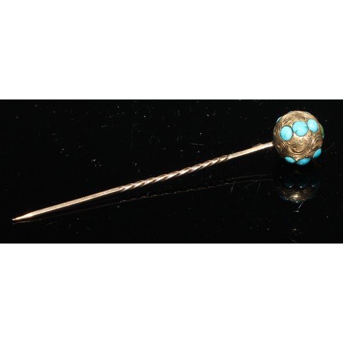 133 - A 19th century turquoise yellow metal stick pin, bulbous top; others, claws, cross, shield boss etc,... 