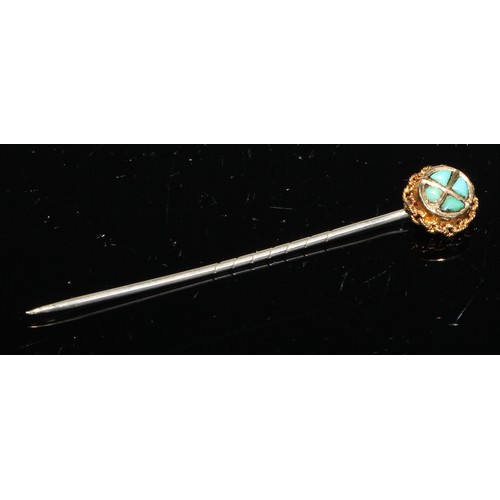 133 - A 19th century turquoise yellow metal stick pin, bulbous top; others, claws, cross, shield boss etc,... 