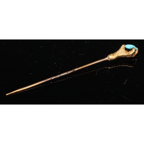 133 - A 19th century turquoise yellow metal stick pin, bulbous top; others, claws, cross, shield boss etc,... 