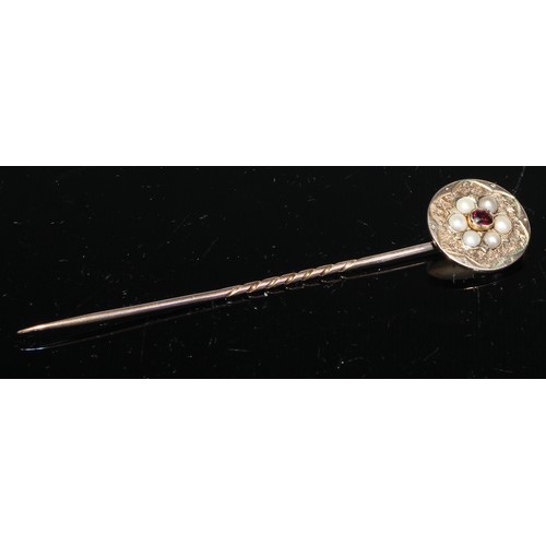 129 - A 19th century pinky red garnet inset horseshoe stickpin,  gilt metal mount;  others seed pearl,  re... 