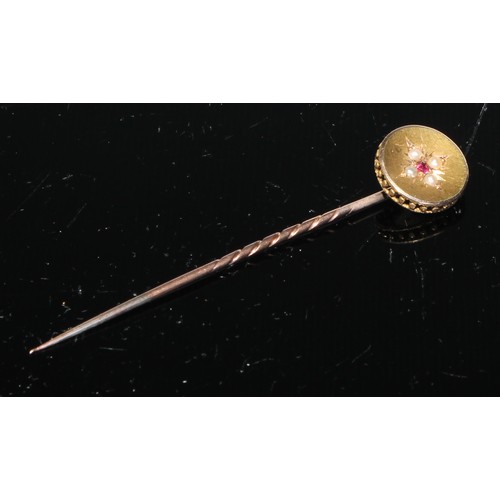 129 - A 19th century pinky red garnet inset horseshoe stickpin,  gilt metal mount;  others seed pearl,  re... 