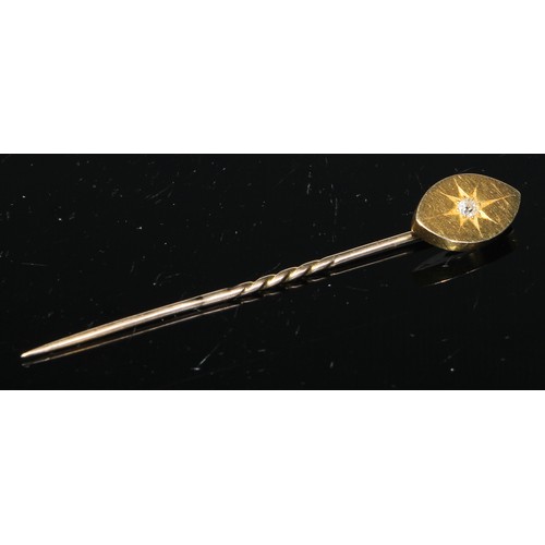 122 - A 19th century diamond and seed pearl yellow metal stick pin, as a flower, unmarked;  another navett... 