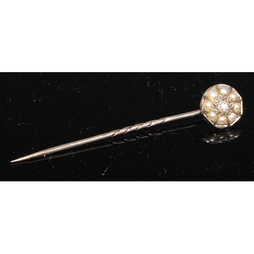 123 - A 19th century diamond and seed pearl yellow metal stick pin, others blister pearl, sharks tooth, et... 