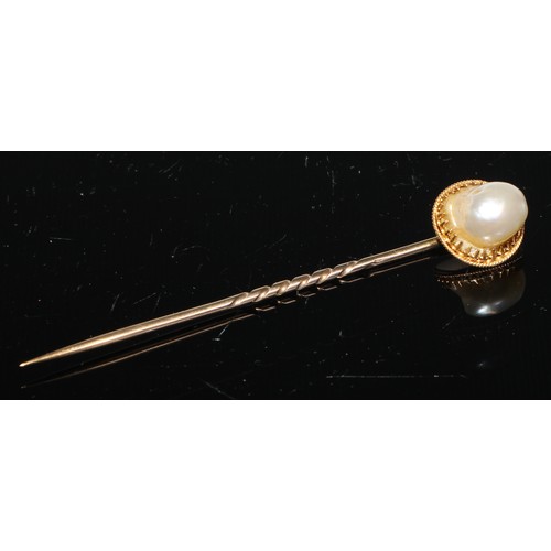 123 - A 19th century diamond and seed pearl yellow metal stick pin, others blister pearl, sharks tooth, et... 