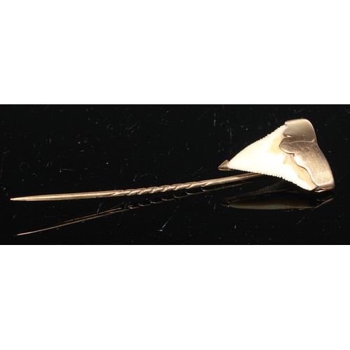 123 - A 19th century diamond and seed pearl yellow metal stick pin, others blister pearl, sharks tooth, et... 