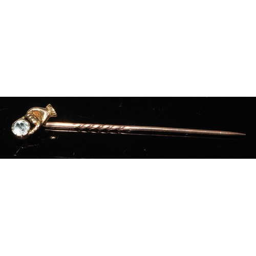 189 - A late 19th century diamond and sapphire yellow metal stick pin, as a ladybird, unmarked;  others, m... 