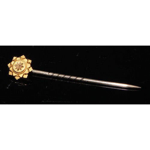 189 - A late 19th century diamond and sapphire yellow metal stick pin, as a ladybird, unmarked;  others, m... 