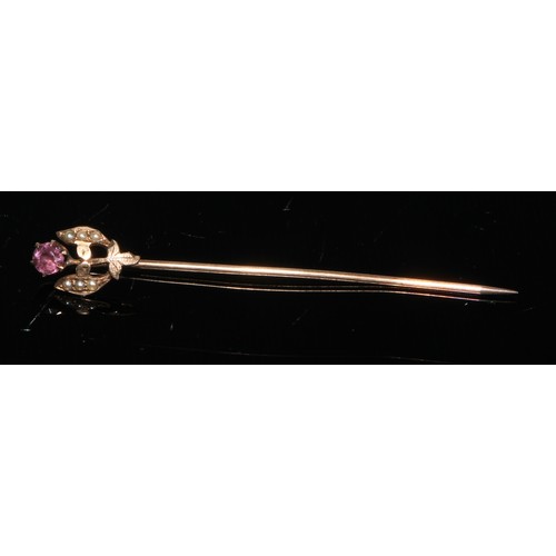 189 - A late 19th century diamond and sapphire yellow metal stick pin, as a ladybird, unmarked;  others, m... 