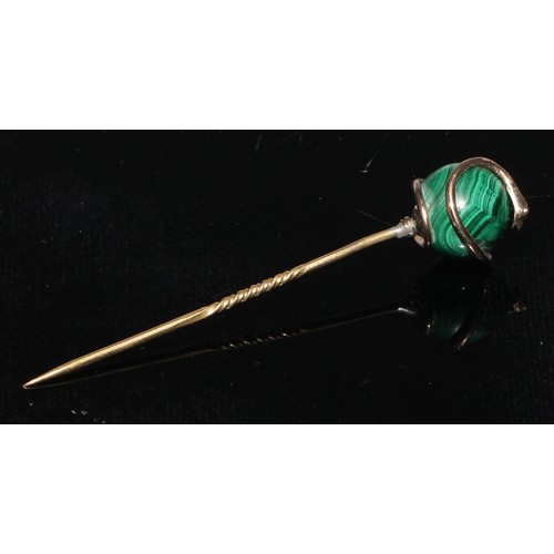 131 - A 19th century stickpin, serpent and malachite ball terminal;  others Scottish etc assorted stones i... 