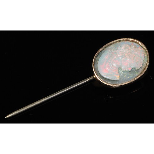 127 - A 19th century opal stick pin, yellow metal star disc mount, unmarked; others seed pearl and opal;  ... 