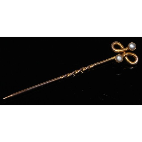 127 - A 19th century opal stick pin, yellow metal star disc mount, unmarked; others seed pearl and opal;  ... 