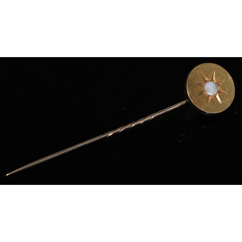 127 - A 19th century opal stick pin, yellow metal star disc mount, unmarked; others seed pearl and opal;  ... 