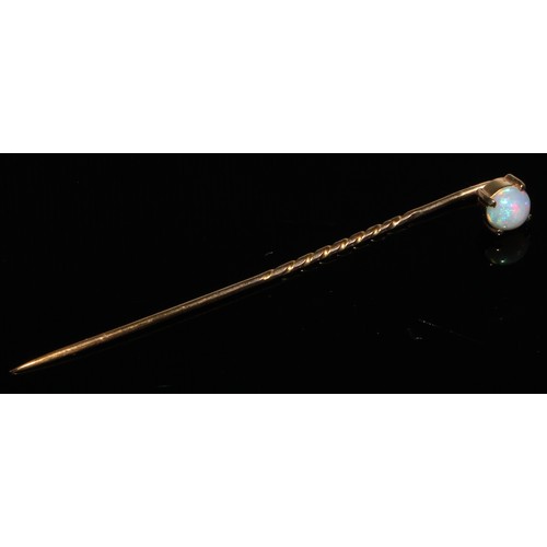 127 - A 19th century opal stick pin, yellow metal star disc mount, unmarked; others seed pearl and opal;  ... 