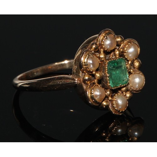 180 - A George III emerald and seed pearl ring, central old square cushion cut emerald, approx 0.50ct, hex... 