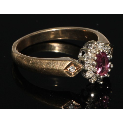 161 - A diamond and pale pink stone cluster ring, 9ct gold shank, size J,  others ruby and diamond halt et... 