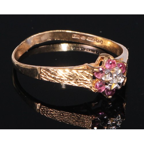 161 - A diamond and pale pink stone cluster ring, 9ct gold shank, size J,  others ruby and diamond halt et... 