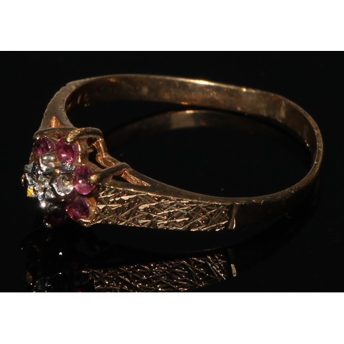 161 - A diamond and pale pink stone cluster ring, 9ct gold shank, size J,  others ruby and diamond halt et... 