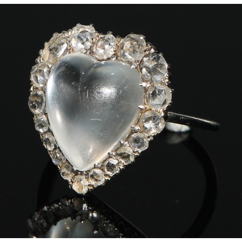 160 - A diamond and moonstone heart cluster ring, cental moonstone heart cabochon, surrounded by eighteen ... 