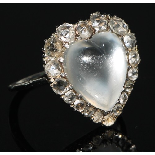 160 - A diamond and moonstone heart cluster ring, cental moonstone heart cabochon, surrounded by eighteen ... 