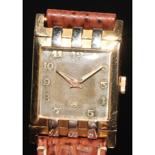 73 - A George VI 18ct gold cased tank watch, textured square two tone dial, raised Arabic numerals, art d... 