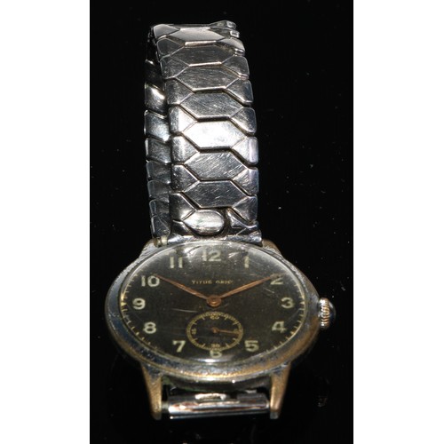 100 - Watches - a 1940s Titus Genf wristwatch, black dial, Arabic numerals, minute track, subsidiary secon... 