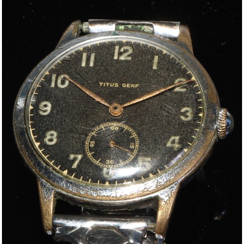 100 - Watches - a 1940s Titus Genf wristwatch, black dial, Arabic numerals, minute track, subsidiary secon... 