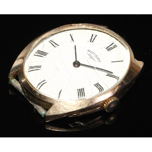 74 - A Rotary 9ct gold cased dress watch head, white enamel oval dial, Roman numeral markers, manual 320 ... 