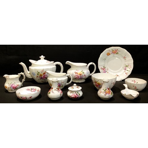 932 - Royal Crown Derby Posies pattern - tea strainer and stand;  jugs;  salt and pepper pot;  preserve po... 