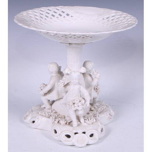 720 - A Samson Hancock Derby figural candlestick, Allegorical of Winter, in the white, 32cm high, S H crow... 