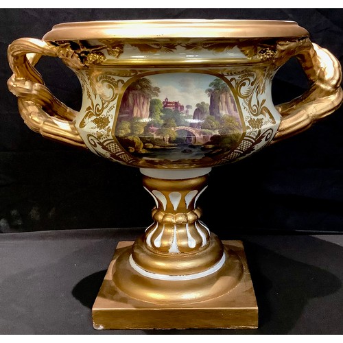 698 - A Derby Warwick vase, with landscape panel, within gilt leafy scroll cartouche, entwined handles, 28... 