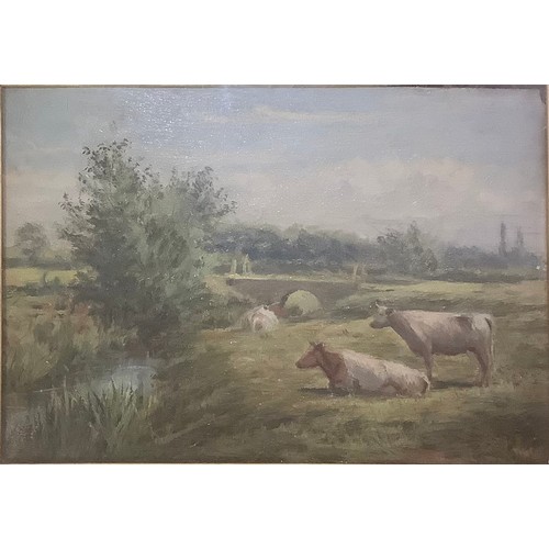 440 - English School (19th century)
Cattle Resting, by the river
oil on panel, 13cm x 19cm;  others, Fishi... 