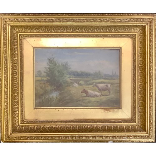 440 - English School (19th century)
Cattle Resting, by the river
oil on panel, 13cm x 19cm;  others, Fishi... 