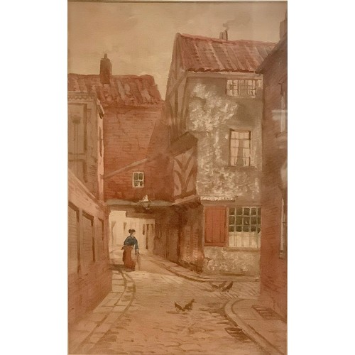 450 - English School, Church Interior, 18.5cm x 12.5cm;  others, Cobbled Lane, 22.5cm x 14cm;  etc (4)