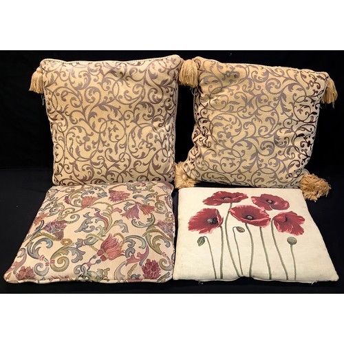 933 - Soft Furnishings - a pair of gold cushions, tassels, to corners;  others