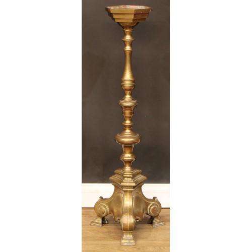 349 - A brass floor-standing candle stand or statuary pedestal, 102cm high, the top 19cm wide