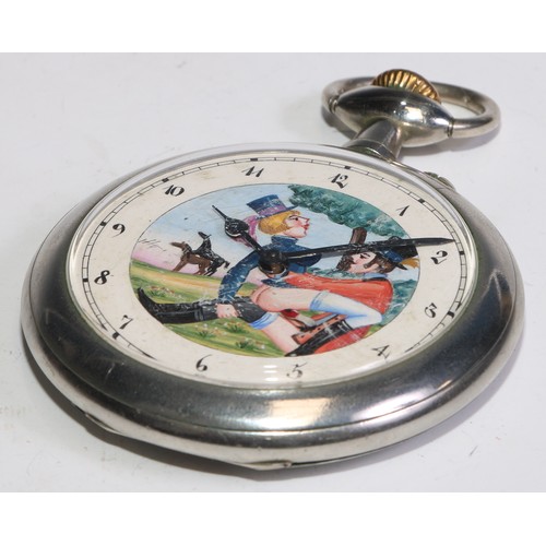 90 - Erotica - an early 20th century French Doxa pocket watch, the dial painted with folk in hunting atti... 