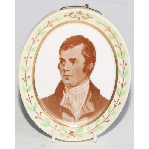 645 - A Royal Crown Derby oval portrait miniature, printed in sepia with Robert Burns, moulded leafy borde... 