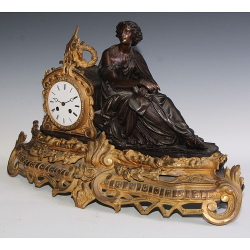 538 - A late 19th century French gilt and bronzed metal figural mantel clock, 9.5cm circular enamel dial, ... 