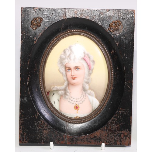 369 - Continental School, a 19th century oval porcelain panel  miniature, lady of fashion, 9cm x 7cm, ebon... 